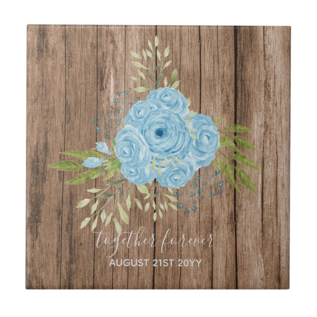 Dusty Blue Roses NewlyWeds Wedding Gift Personal Ceramic Tile (Front)