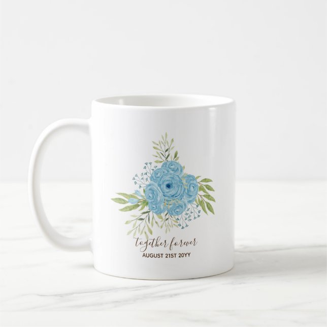 Dusty Blue Roses NewlyWeds Wedding Gift Personal Coffee Mug (Left)