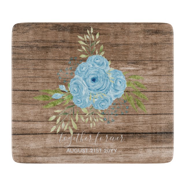 Dusty Blue Roses NewlyWeds Wedding Gift Personal Cutting Board (Front)