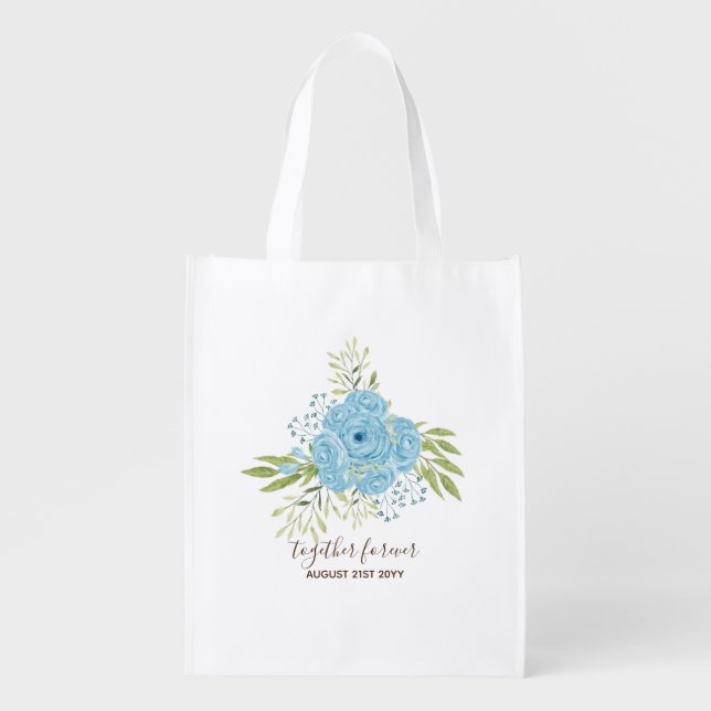 Dusty Blue Roses NewlyWeds Wedding Gift Personal Grocery Bag (Front)
