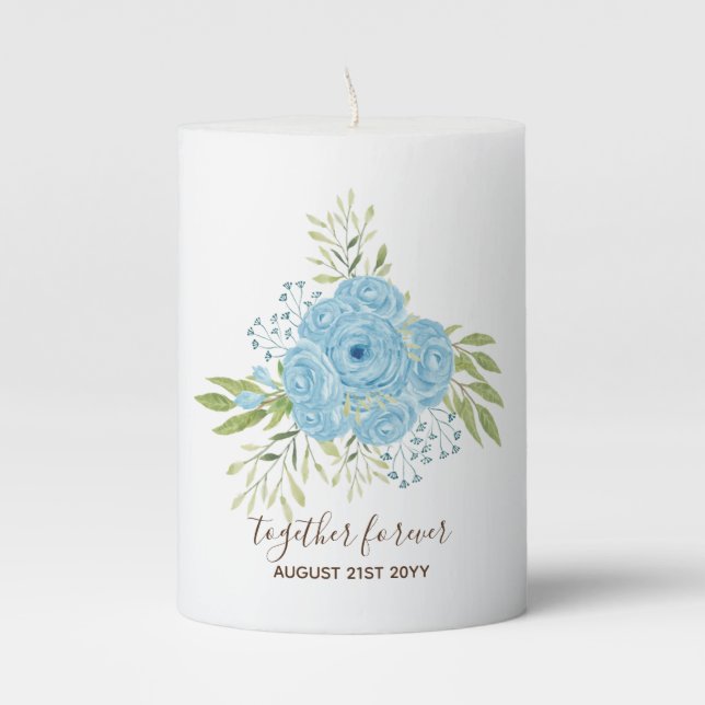Dusty Blue Roses NewlyWeds Wedding Gift Personal Pillar Candle (Front)