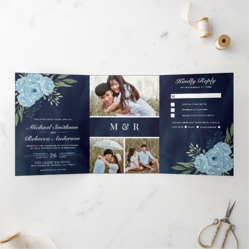 Dusty Blue Roses Photo Collage Navy Blue Wedding Tri_Fold Invitation