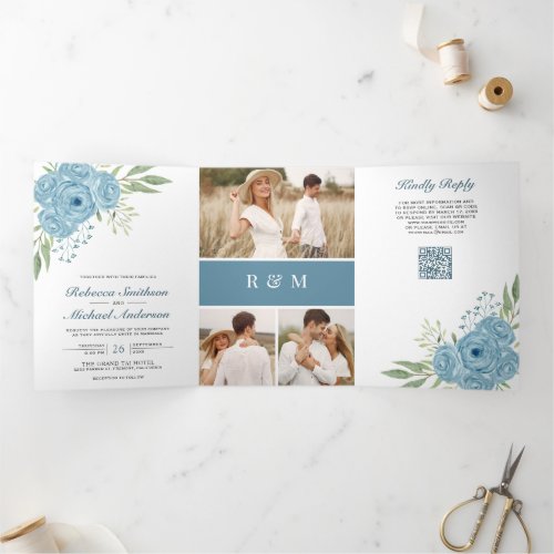 Dusty Blue Roses Photo Collage QR Code Wedding Tri-Fold Invitation