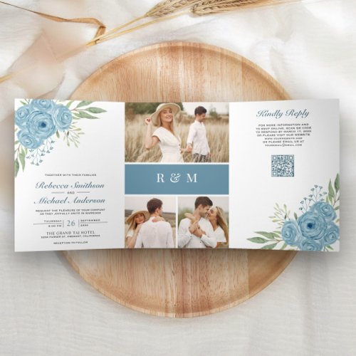 Dusty Blue Roses Photo Collage QR Code Wedding Tri-Fold Invitation