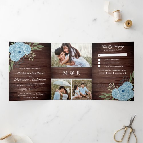 Dusty Blue Roses Photo Collage Rustic Wood Wedding Tri_Fold Invitation