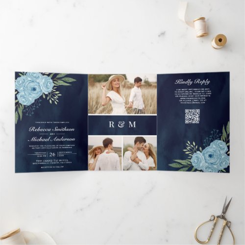 Dusty Blue Roses Photo Navy Blue QR Code Wedding Tri-Fold Invitation