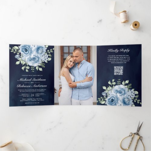 Dusty Blue Roses Photo Navy Photo QR Code Wedding Tri-Fold Invitation