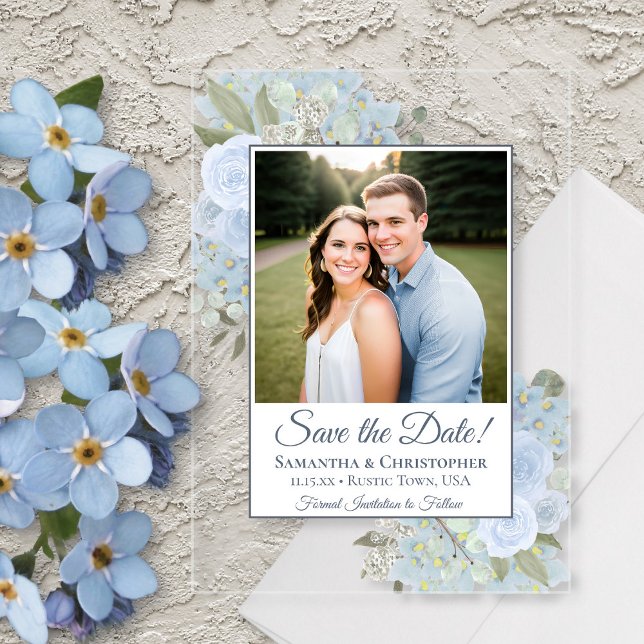 Dusty Blue Roses & Photo Wedding Save the Date (Clear Acrylic with Rectangle Cut)
