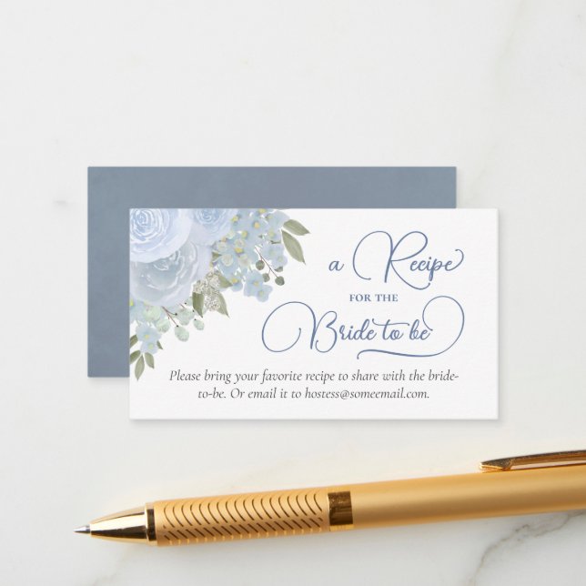 Dusty Blue Roses Recipe for the Bride to Be Enclosure Card (Front/Back In Situ)