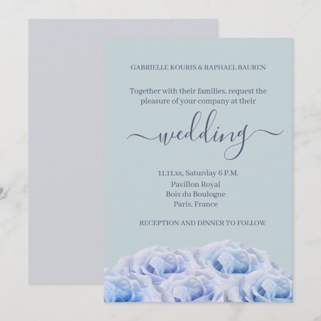 Dusty Blue Roses Sage Gray Elegant Floral Wedding Invitation (Front/Back)