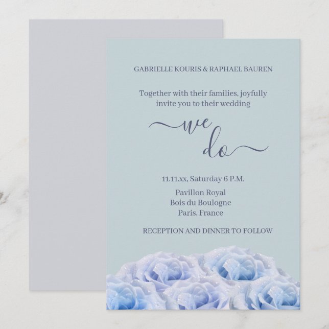 Dusty Blue Roses Sage Gray Floral We Do Wedding Invitation (Front/Back)