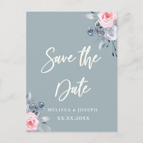 dusty blue roses save the date white script announcement postcard