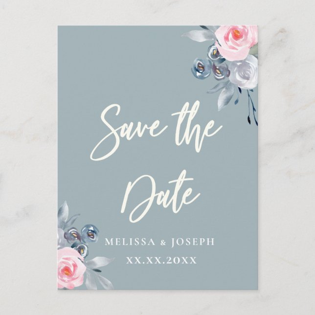dusty blue roses save the date white script announcement postcard (Front)