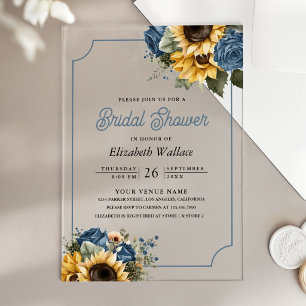 Dusty Blue Roses Sunflowers Bridal Shower Acrylic Invitations