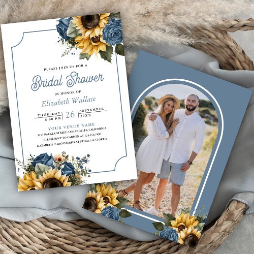 Dusty Blue Roses Sunflowers Photo Bridal Shower Invitation