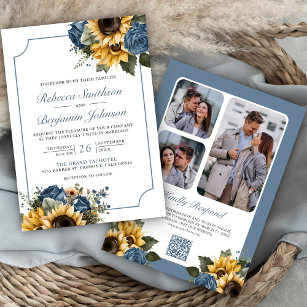 Dusty Blue Roses Sunflowers Photo QR Code Wedding Invitation