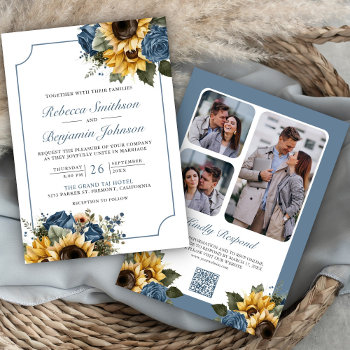 Dusty Blue Roses Sunflowers Photo Qr Code Wedding Invitation by ShabzDesigns at Zazzle