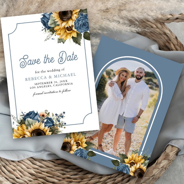 Dusty Blue Roses Sunflowers Photo Wedding Save The Date (Creator Uploaded)