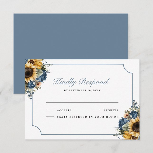 Dusty Blue Roses Sunflowers Wedding RSVP Card (Front/Back)