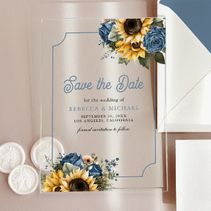 Dusty Blue Roses Sunflowers Wedding Save the Date Acrylic Invitations