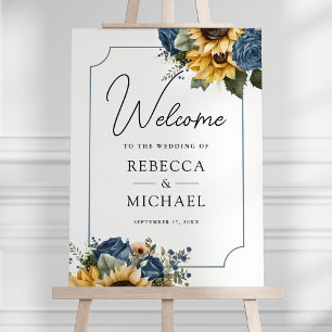Dusty Blue Roses Sunflowers Wedding Welcome Sign