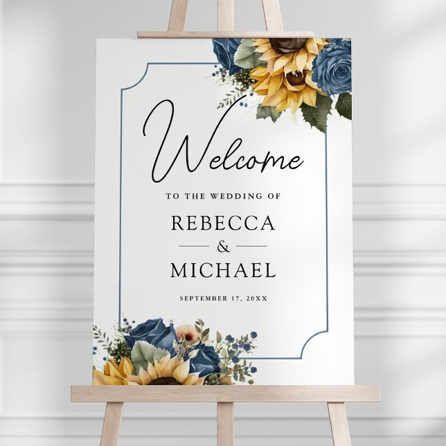 Dusty Blue Roses Sunflowers Wedding Welcome Sign (Creator Uploaded)
