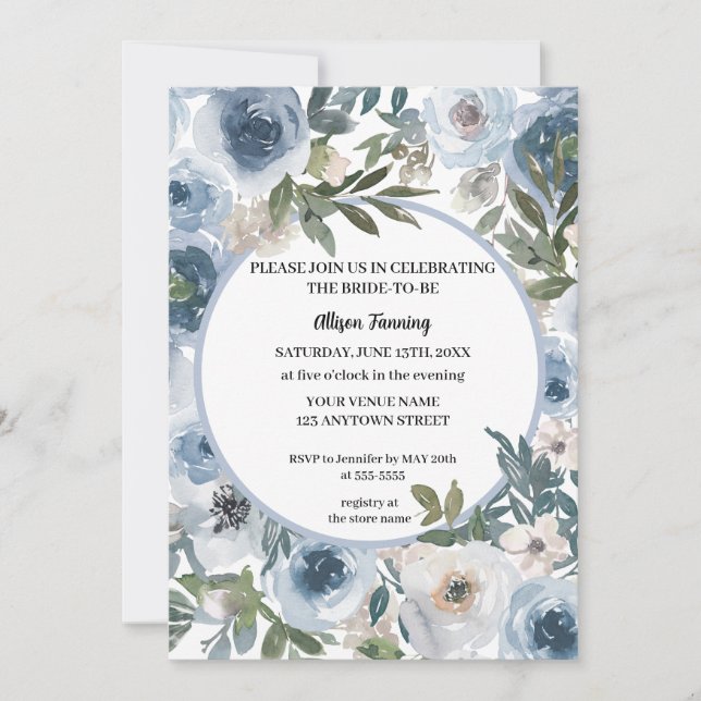 Dusty Blue Roses Watercolor Bridal Shower Invitation (Front)