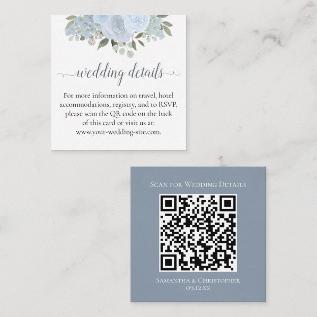 Dusty Blue Roses Wedding Details Website QR Code Enclosure Card (Front/Back)