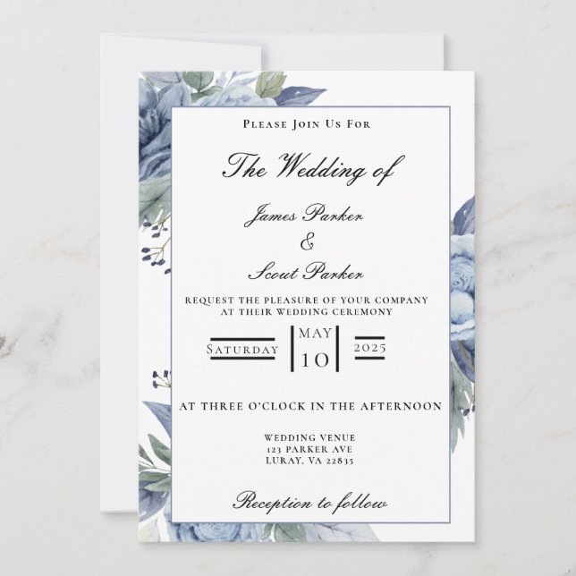 Dusty Blue Roses Wedding  Invitation (Front)