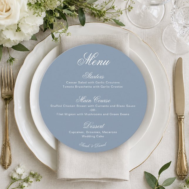 Dusty Blue Round Simple Calligraphy Wedding Menu (Creator Uploaded)
