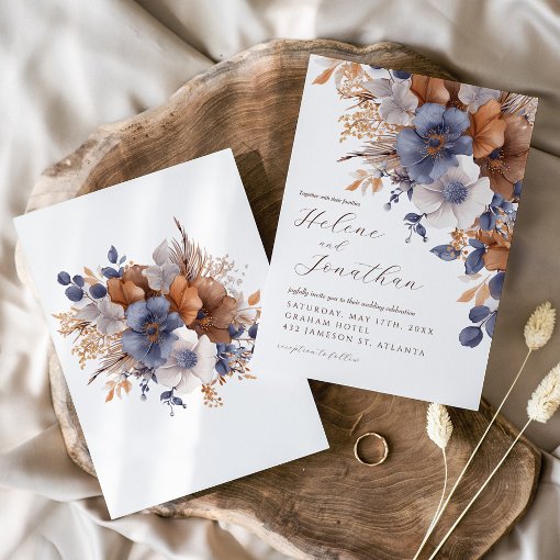 Dusty Blue Rust Watercolor Floral Elegant Wedding Invitation | Zazzle