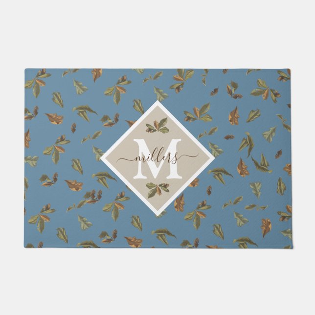 Dusty Blue Rustic Brown Leaves Family Monogrammed  Doormat (Front)