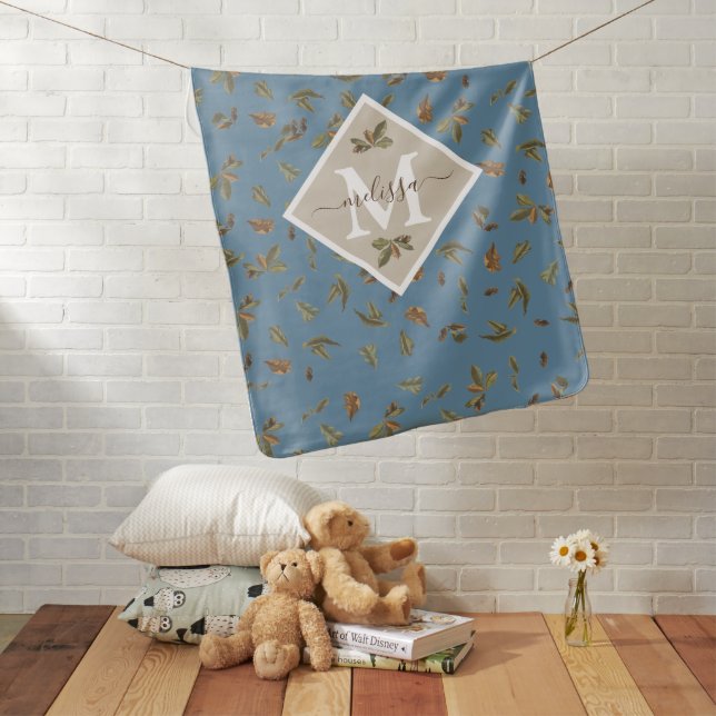 Dusty Blue Rustic Brown Leaves Monogrammed Baby Blanket (In Situ)