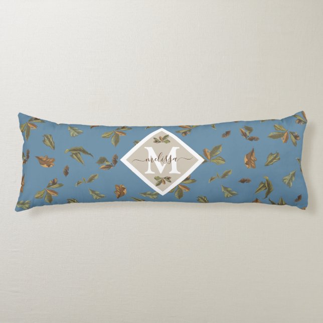 Dusty Blue Rustic Brown Leaves Monogrammed  Body Pillow (Front)