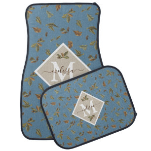 Dusty Blue Rustic Brown Leaves Monogrammed Car Floor Mat