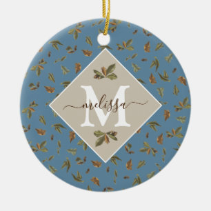 Dusty Blue Rustic Brown Leaves Monogrammed Ceramic Ornament