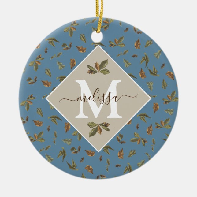 Dusty Blue Rustic Brown Leaves Monogrammed  Ceramic Ornament (Front)