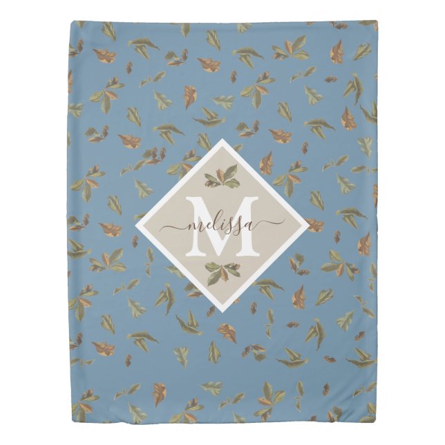 Dusty Blue Rustic Brown Leaves Monogrammed Duvet Cover (Front)