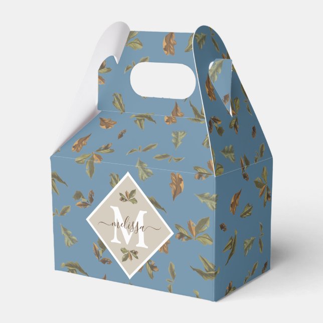 Dusty Blue Rustic Brown Leaves Monogrammed Favor Boxes (Front Side)