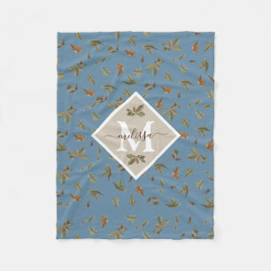 Dusty Blue Rustic Brown Leaves Monogrammed Fleece Blanket