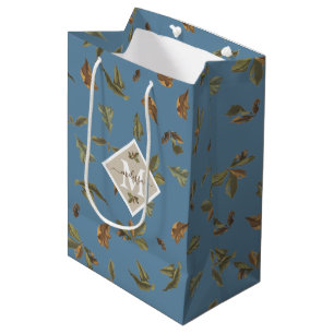 Dusty Blue Rustic Brown Leaves Monogrammed Medium Gift Bag