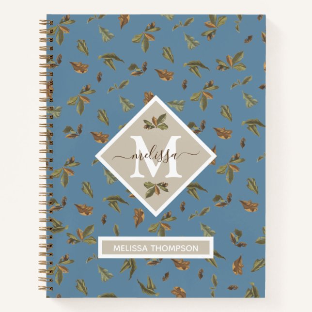 Dusty Blue Rustic Brown Leaves Monogrammed  Notebook (Front)
