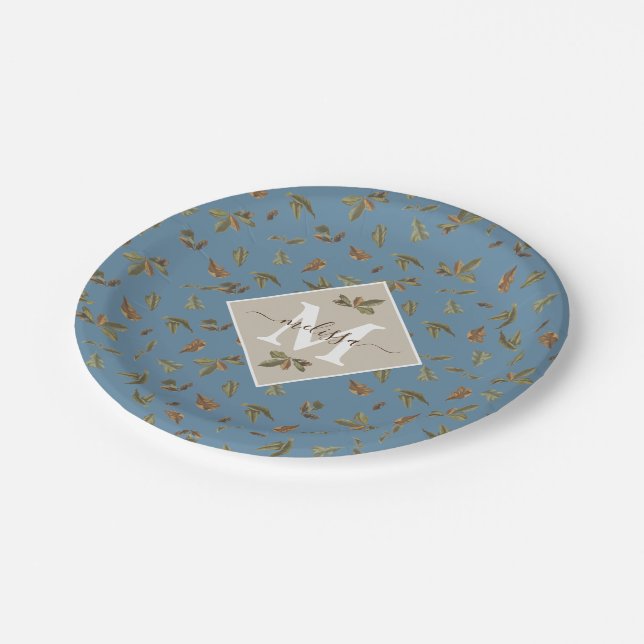 Dusty Blue Rustic Brown Leaves Monogrammed Paper Plates (Angled)
