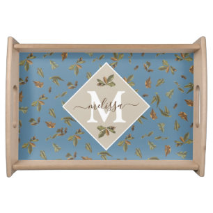 Dusty Blue Rustic Brown Leaves Monogrammed Serving Tray