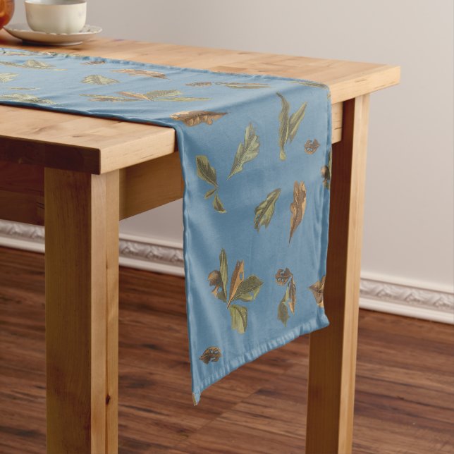 Dusty Blue Rustic Brown Leaves Short Table Runner (In Situ)