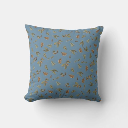 Dusty Blue Rustic Brown Leaves Throw Pillow