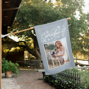 Dusty Blue Rustic Calligraphy Graduation Photo House Flag
