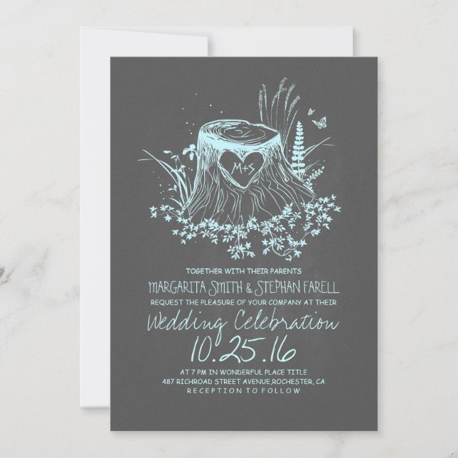 dusty blue rustic country tree wedding invitation (Front)
