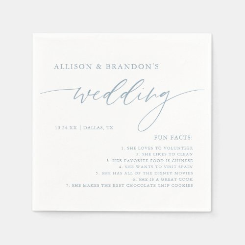 Dusty Blue Rustic Elegant Wedding Fun Facts Napkin