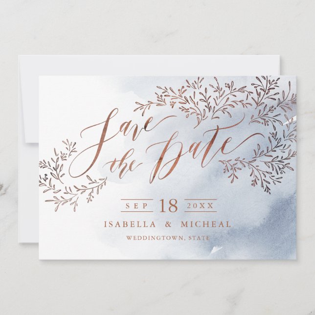 Dusty blue rustic floral calligraphy save the date (Front)